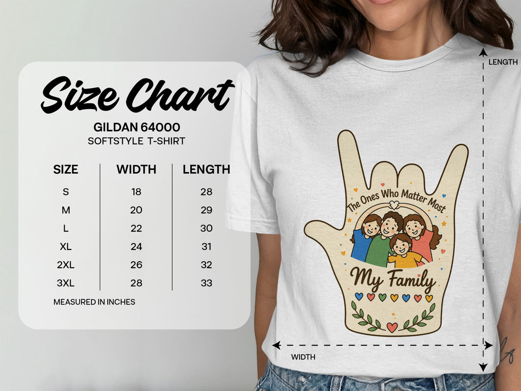 Gildan 64000 Softstyle T-Shirt size chart with width and length measurements in inches.