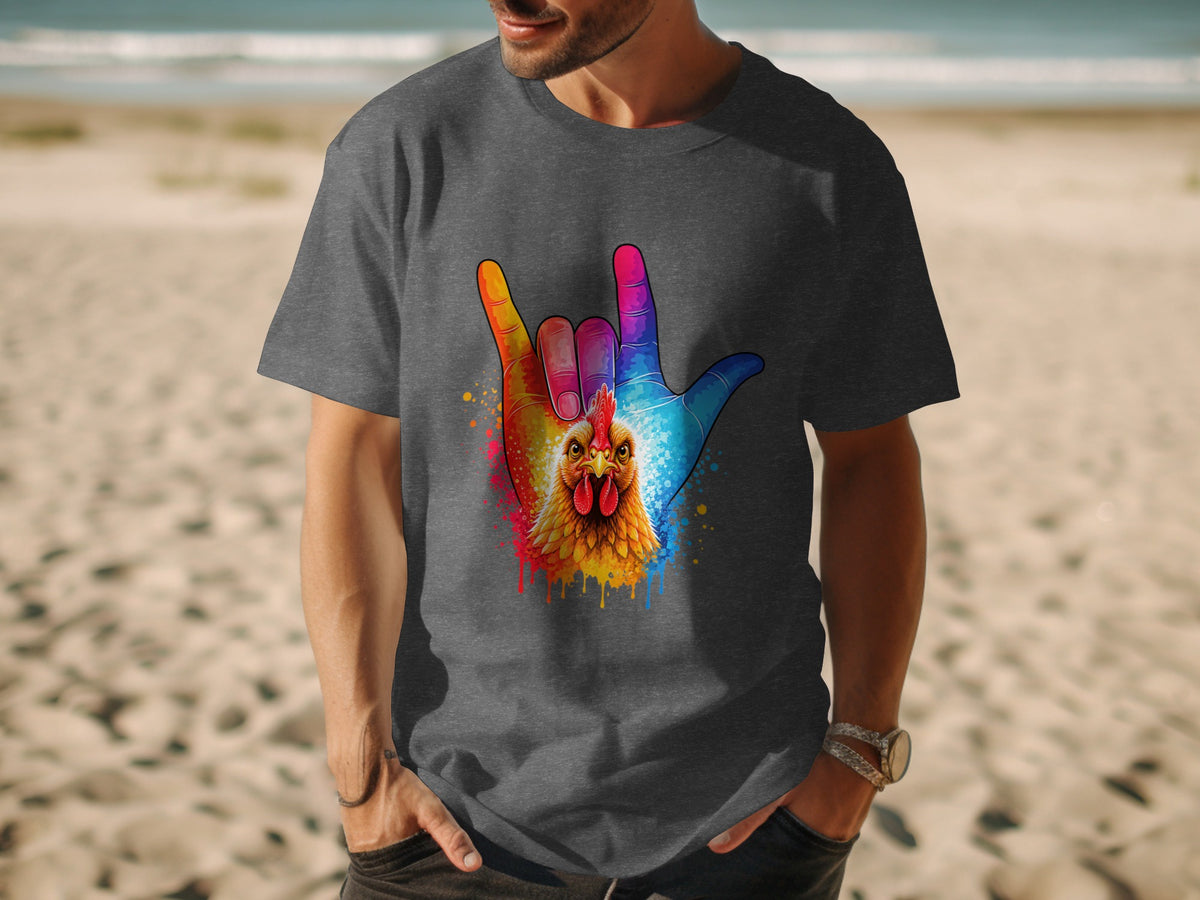 Dark grey t-shirt with colorful chicken rock hand graphic on a beach.
