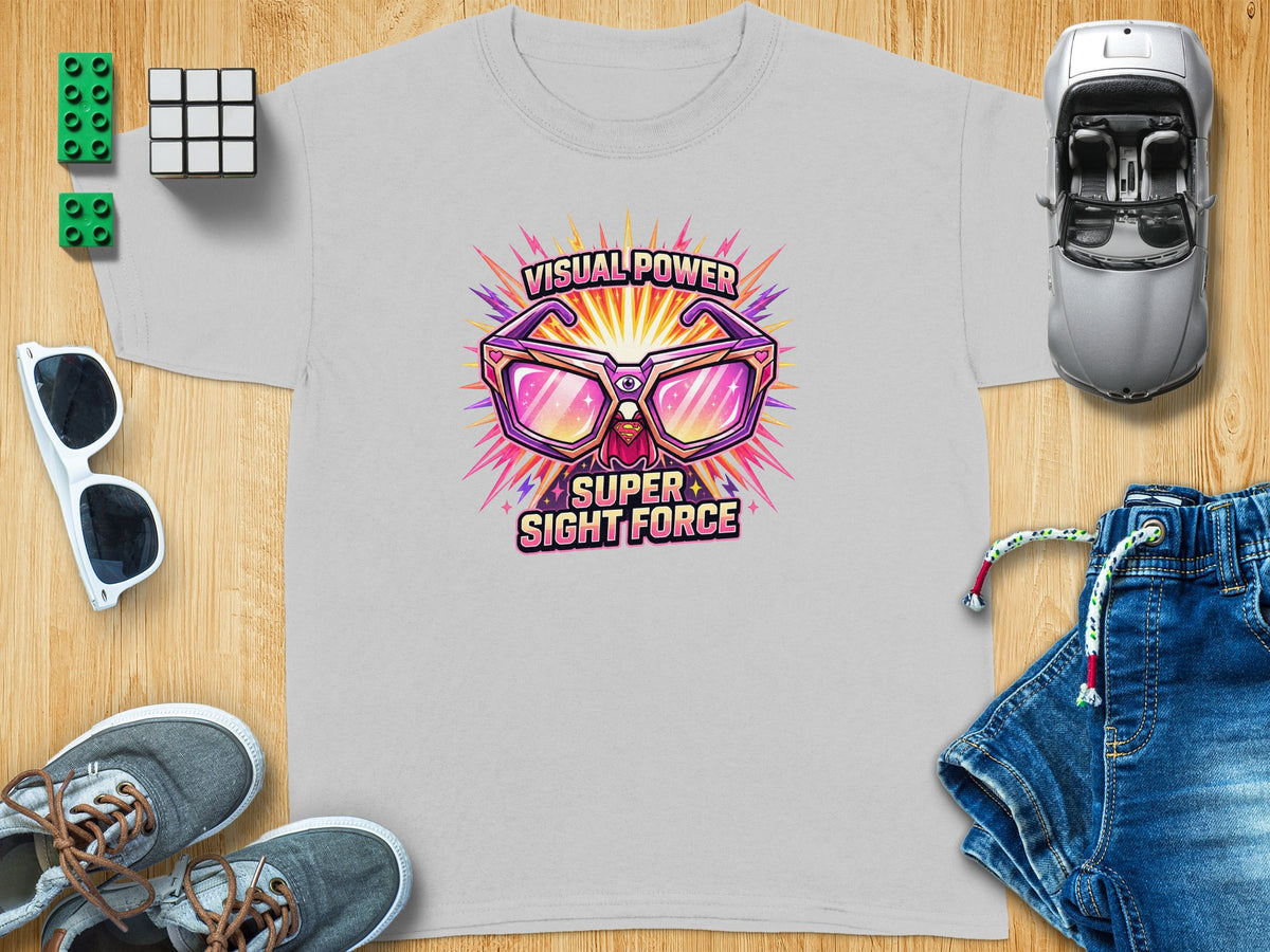 Light gray t-shirt with "Visual Power Super Sight Force" graphic.