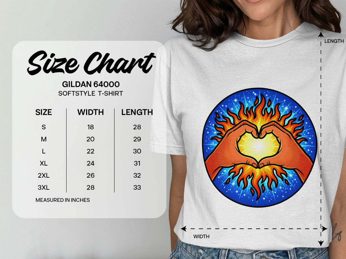 Gildan 64000 Softstyle t-shirt size chart with width and length measurements in inches.