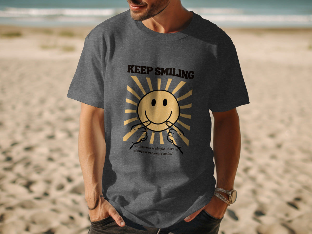 Dark grey t-shirt with smiling sun graphic and text "KEEP SMILING".