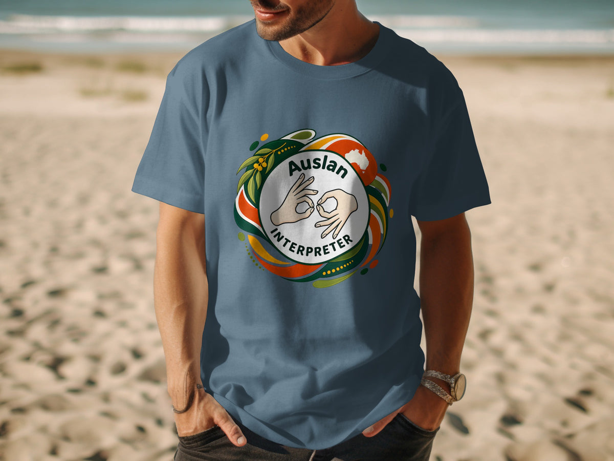 T-shirt with Auslan Interpreter text and hand gestures, set against a beach background.