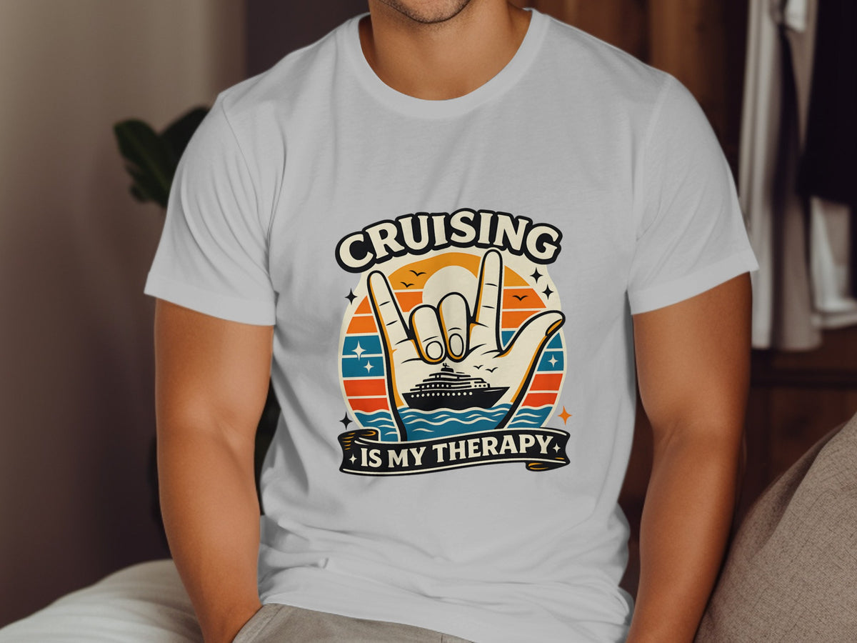 White t-shirt with graphic "Cruising Is My Therapy" and a cruise ship.