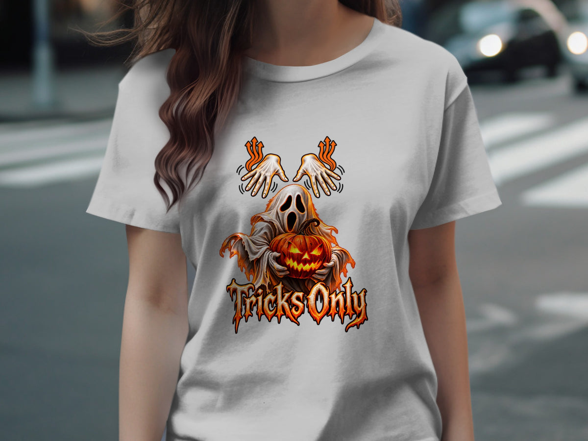 Ghost holding jack-o'-lantern with "Tricks Only" text.