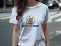 White t-shirt with a hand sign logo and text "MY CHILD SIGNS".