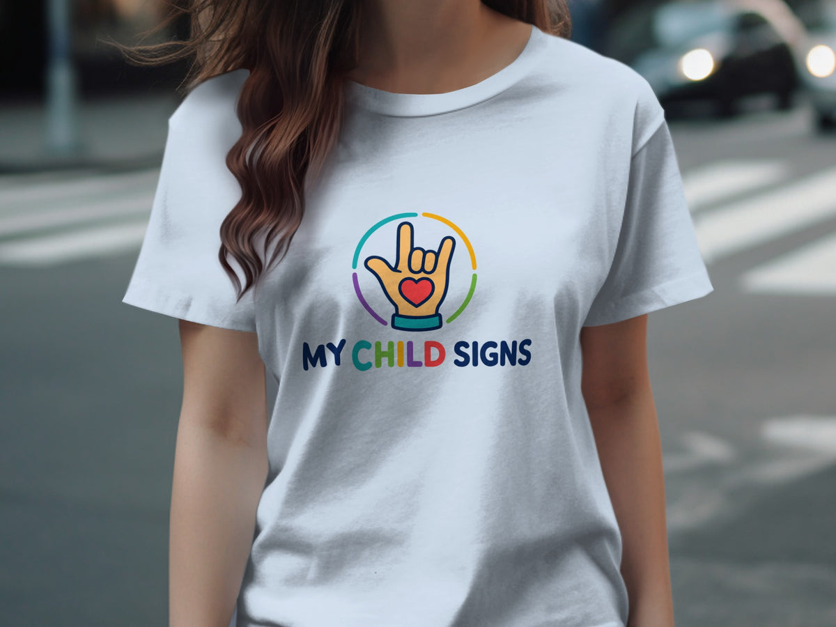 White t-shirt with a hand sign logo and text "MY CHILD SIGNS".