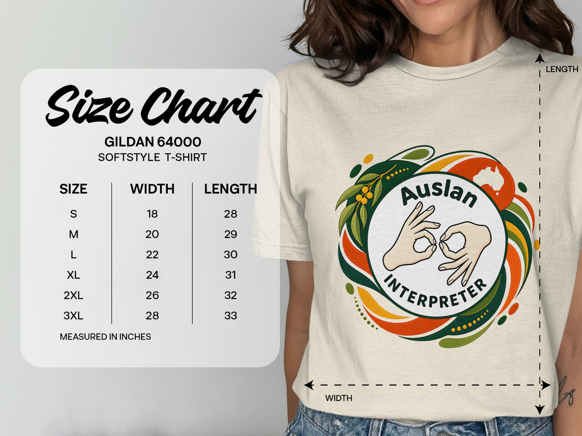 Gildan 64000 Softstyle t-shirt size chart with width and length measurements in inches.