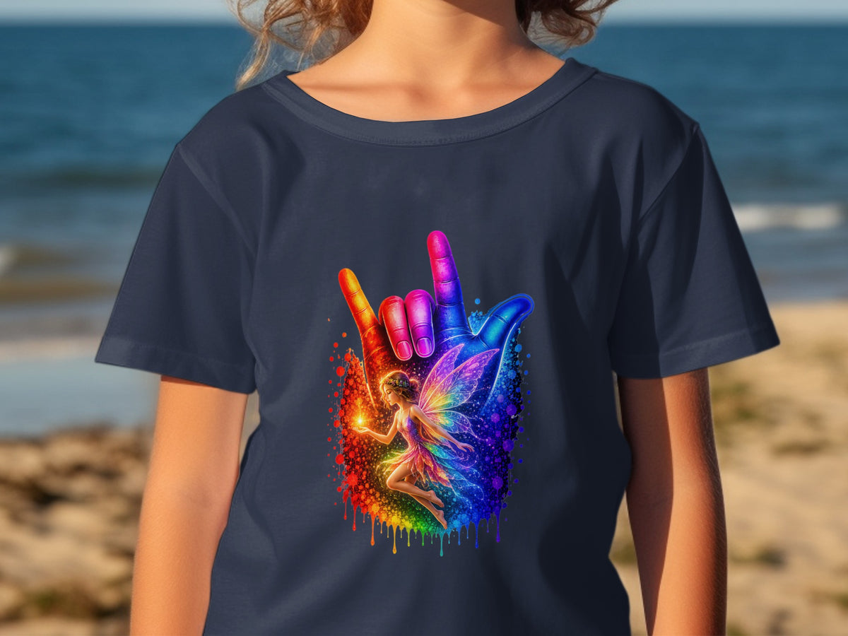 Dark t-shirt with rainbow fairy and rock on gesture hands graphic.
