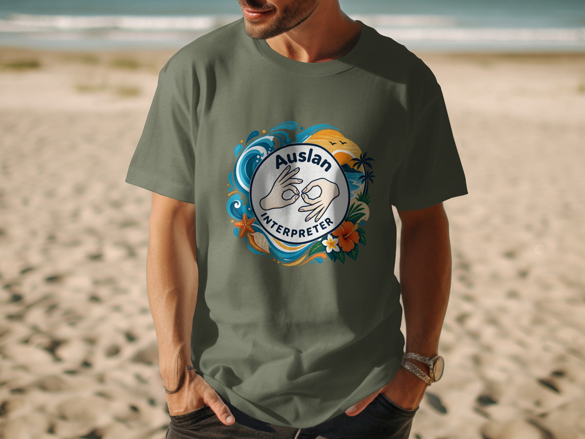 T-shirt with circular graphic of hands signing, "Auslan Interpreter," beach, and waves.