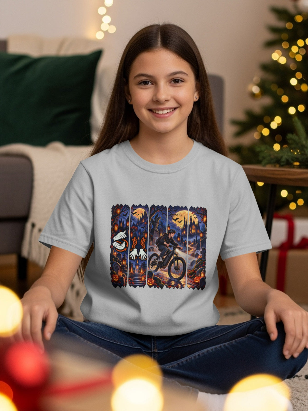 Light grey t-shirt with a spooky Halloween graphic of a boy riding a bike through a cemetery.