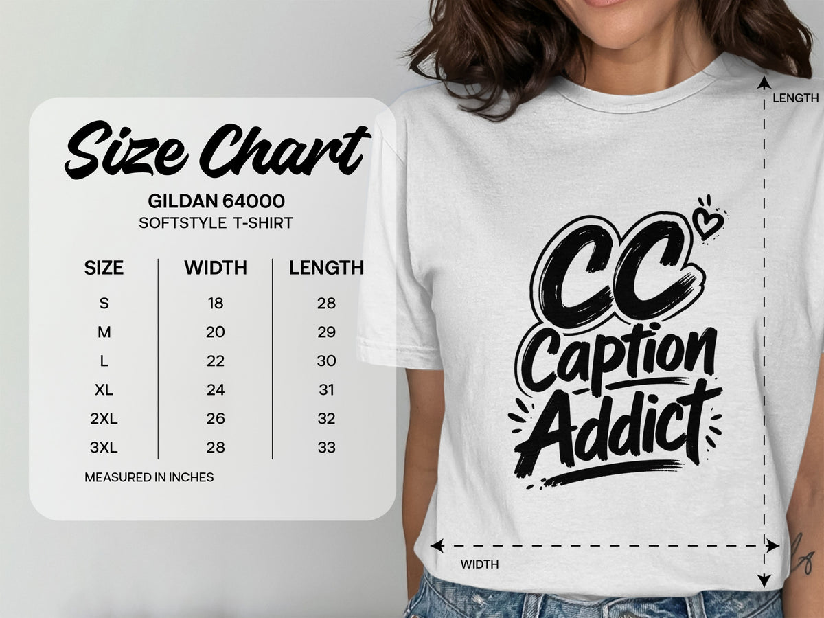 Gildan 64000 Softstyle t-shirt size chart with width and length measurements in inches.