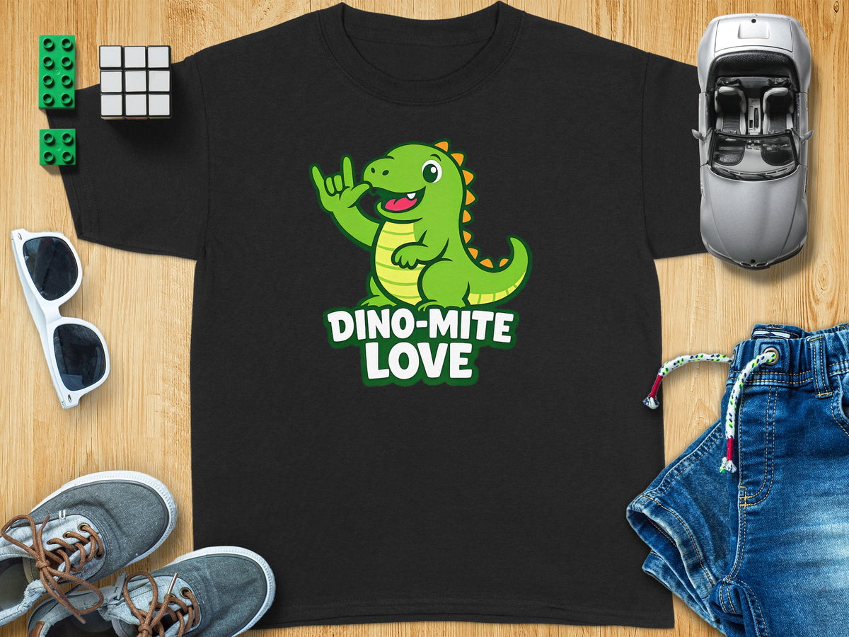 Black t-shirt with a cute green dinosaur holding up "rock on" hand sign and "Dino-Mite Love."
