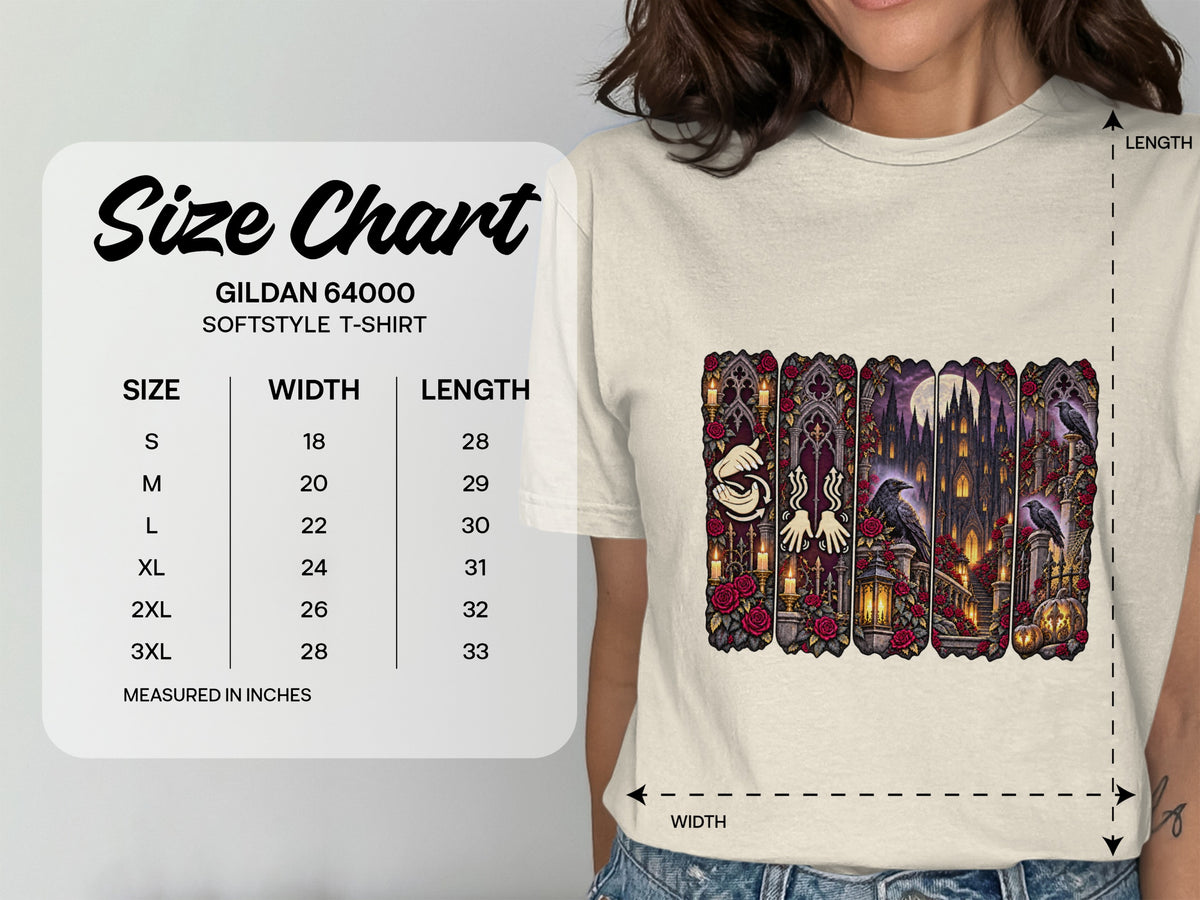 Gildan 64000 Softstyle t-shirt size chart with width and length in inches.