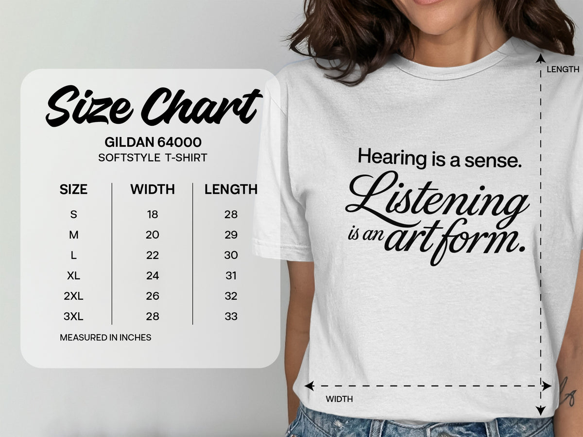 Gildan 64000 softstyle t-shirt size chart with width and length measurements.