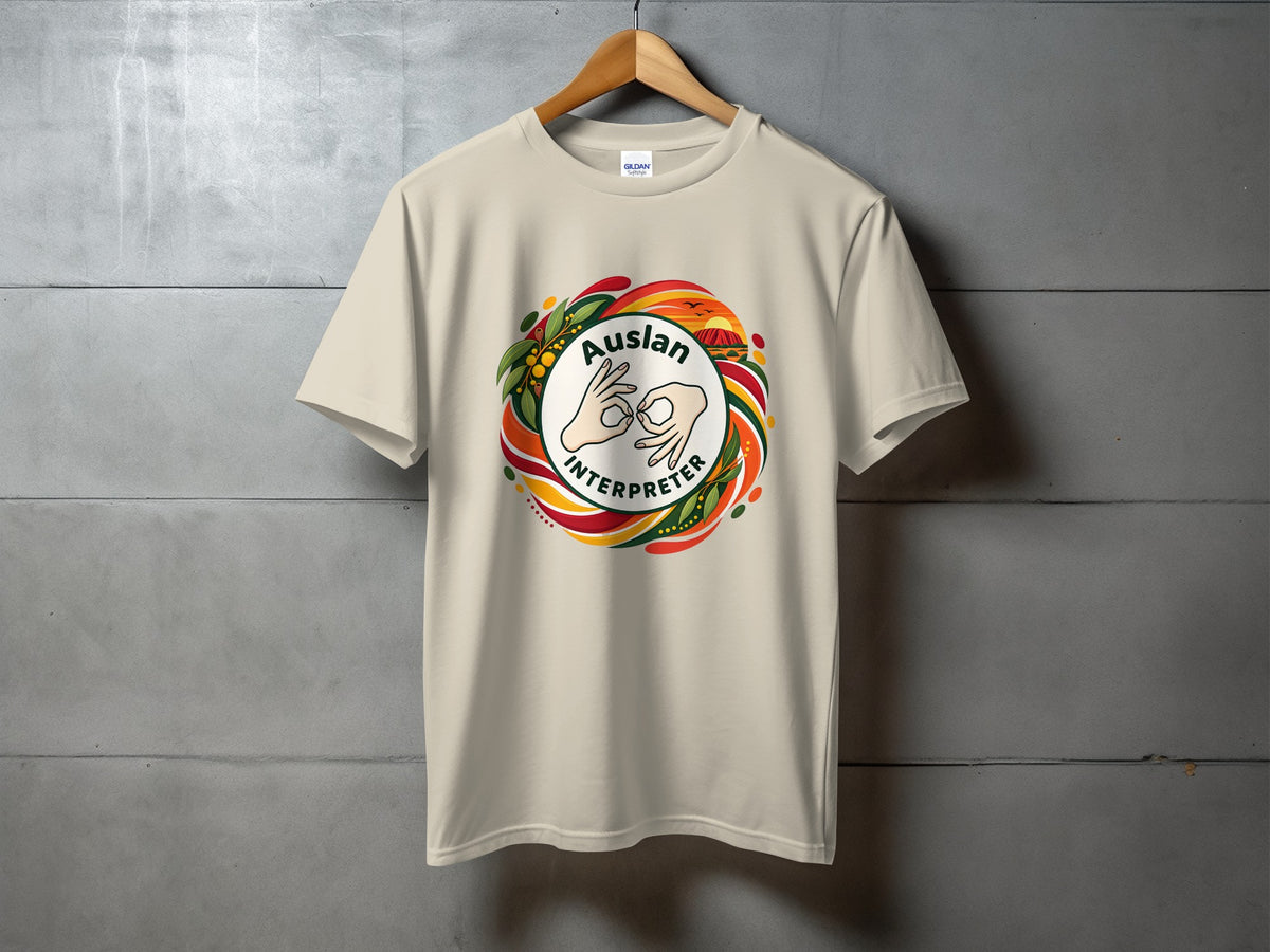 Cream t-shirt with "Auslan Interpreter" text and hands signing, featuring Uluru graphic.