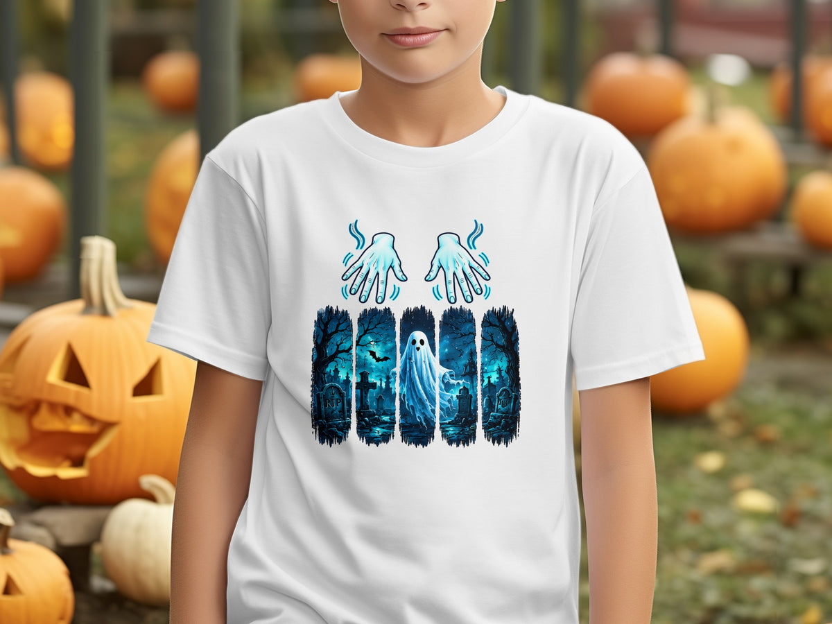 White t-shirt with a Halloween graphic featuring a ghost in a graveyard and steaming hands.