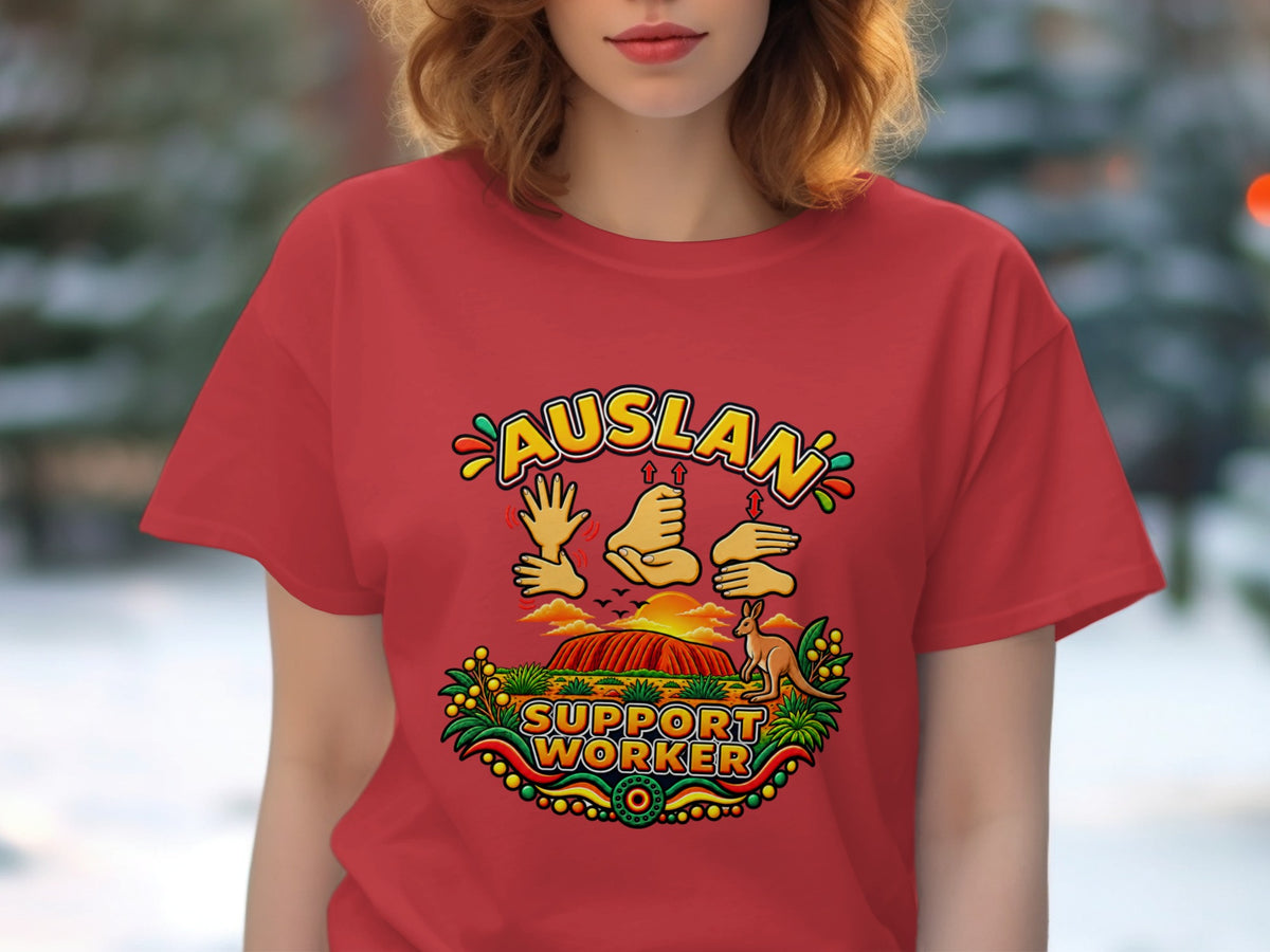 Red t-shirt with "AUSLAN SUPPORT WORKER" text, hands, Uluru, and a kangaroo.