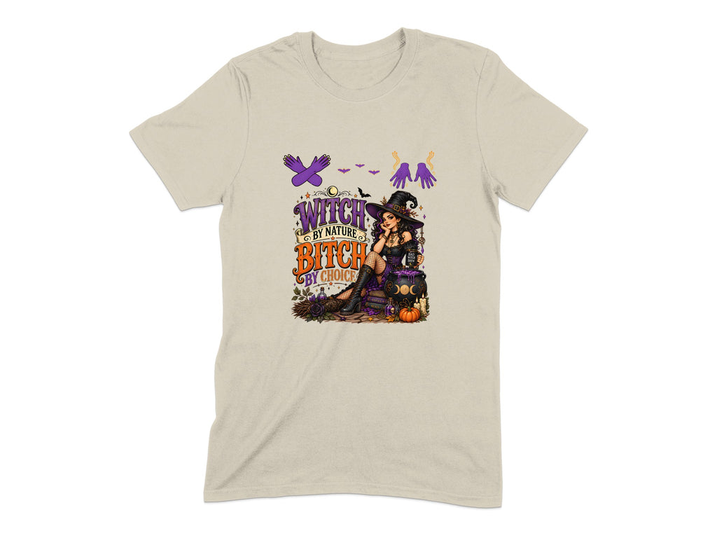 Witch by Nature, Bitch by Choice graphic with a witch and Halloween elements.