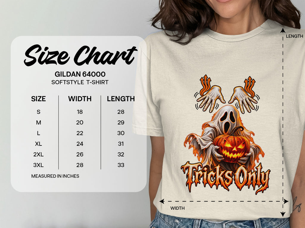 Gildan 64000 size chart for softstyle t-shirt with ghost and pumpkin graphic.
