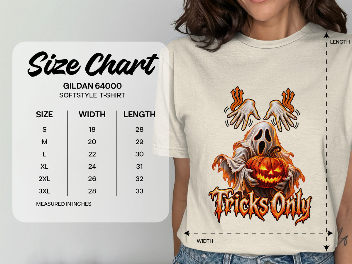 Gildan 64000 size chart for softstyle t-shirt with ghost and pumpkin graphic.