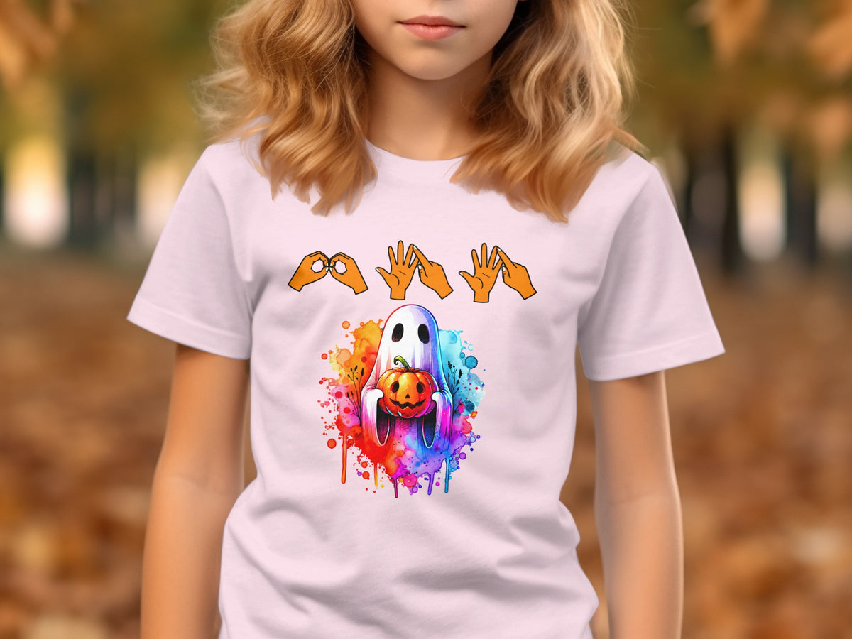 Ghost holding pumpkin on shirt with watercolor splash and sign language hands.