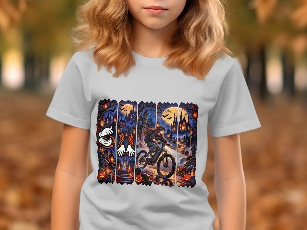 Halloween graphic with witch on bike in graveyard and haunted castle.