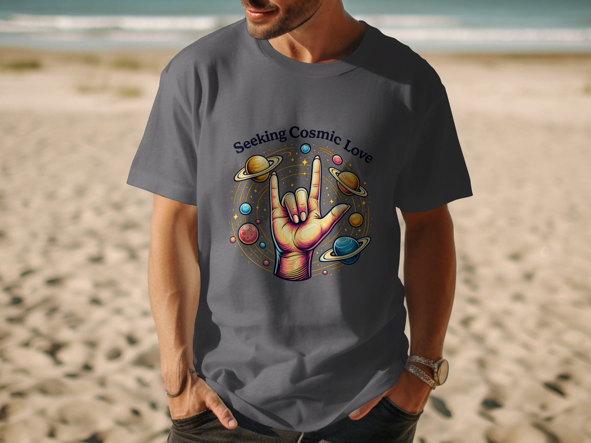 Gray t-shirt with "Seeking Cosmic Love" and a hand gesture surrounded by planets.