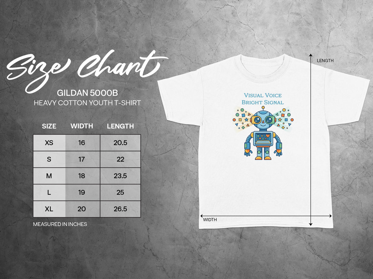Gildan 5000B youth t-shirt size chart with robot graphic and dimensions.
