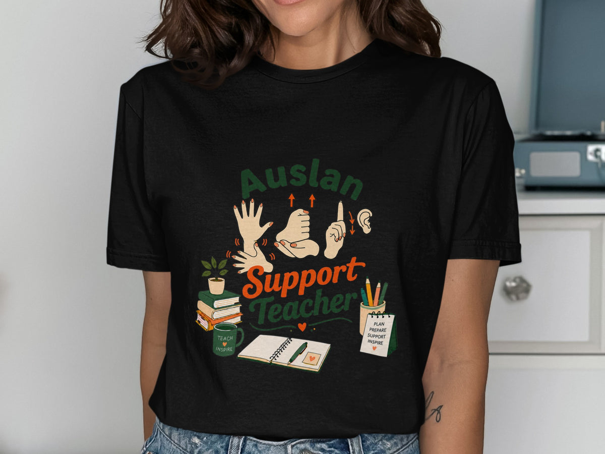 Auslan Support Teacher graphic with sign language, books, and inspirational text.