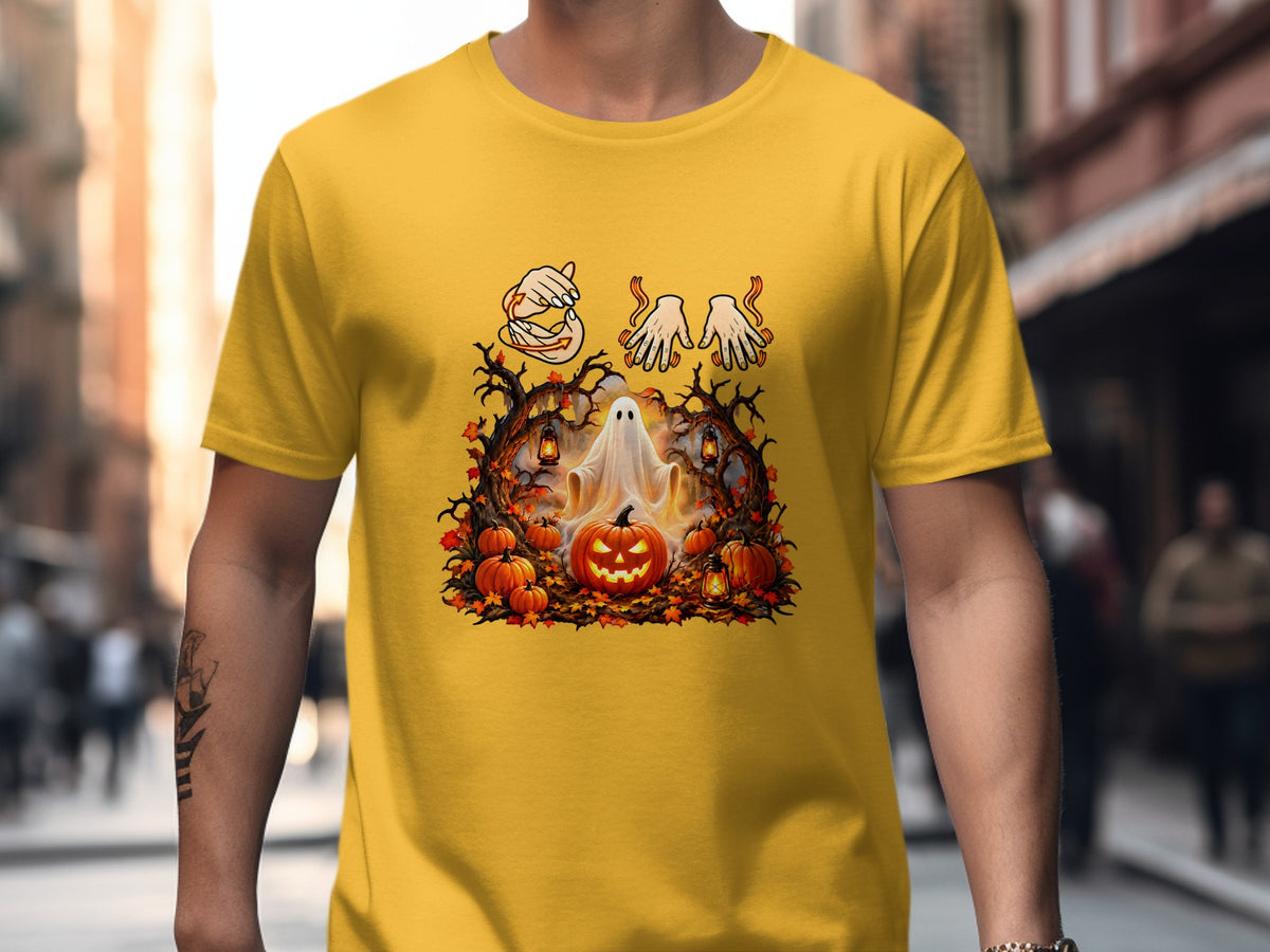 Halloween graphic with ghost, jack-o'-lantern, pumpkins, and spooky trees.
