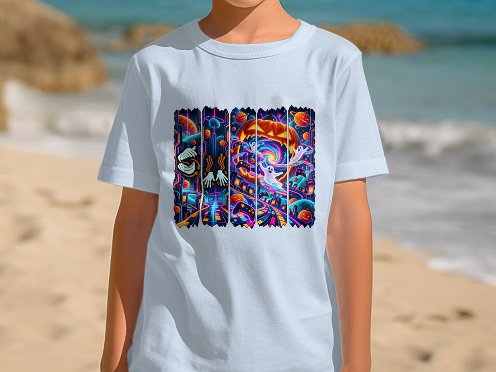 T-shirt with a vibrant, futuristic Halloween graphic featuring ghosts, planets, and game controllers.