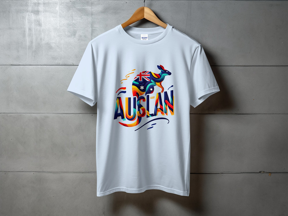 White t-shirt with colorful kangaroo graphic and "AUSLAN" text.