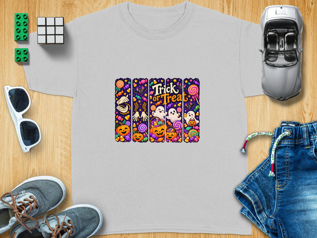 Gray t-shirt with a colorful Halloween design featuring "Trick or Treat" text, pumpkins, ghosts, and candy.