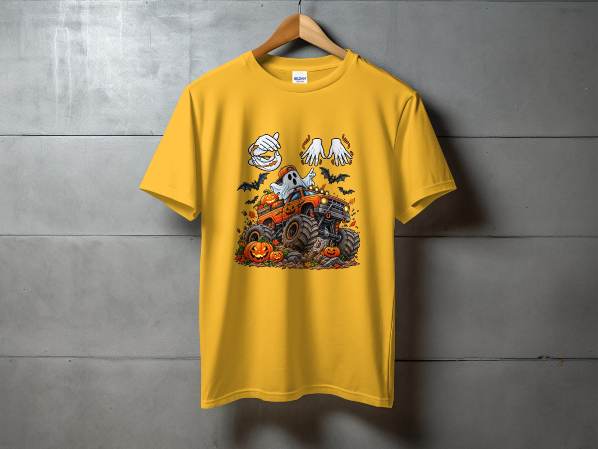 Yellow t-shirt with a Halloween graphic of a monster truck and ghosts.