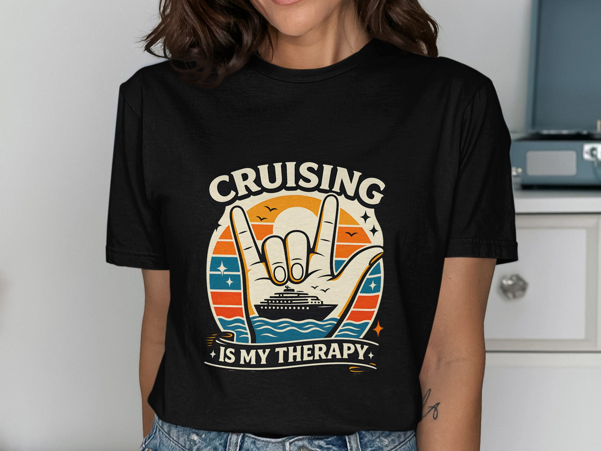 Black t-shirt with "Cruising Is My Therapy" text and a graphic of a cruise ship.
