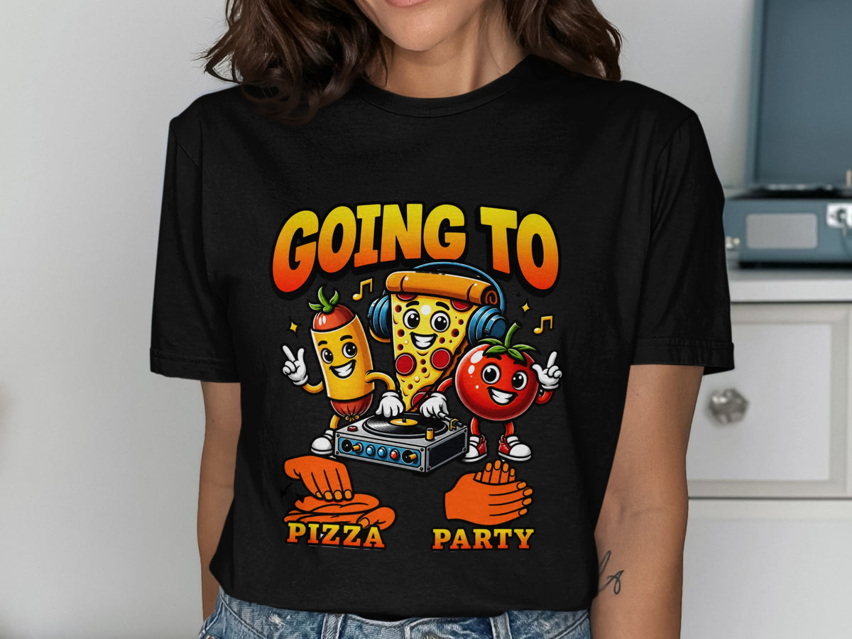 "Going to Pizza Party" text with cartoon hot dog, pizza, and tomato DJing.