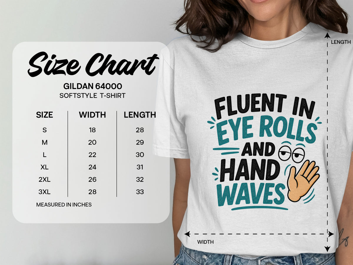 Gildan 64000 softstyle t-shirt size chart with measurements for width and length.