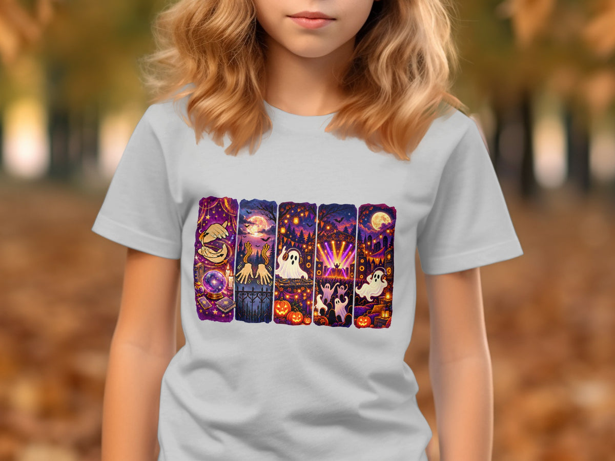 T-shirt with five Halloween-themed vertical panels featuring ghosts, pumpkins, and spooky scenes.
