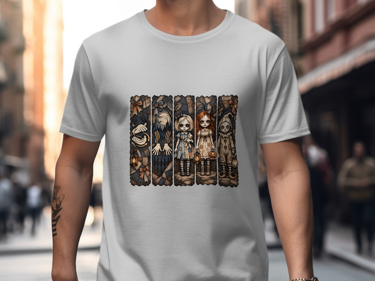 White t-shirt with gothic doll graphic featuring a pumpkin, a doll with a toy, and spooky background elements.