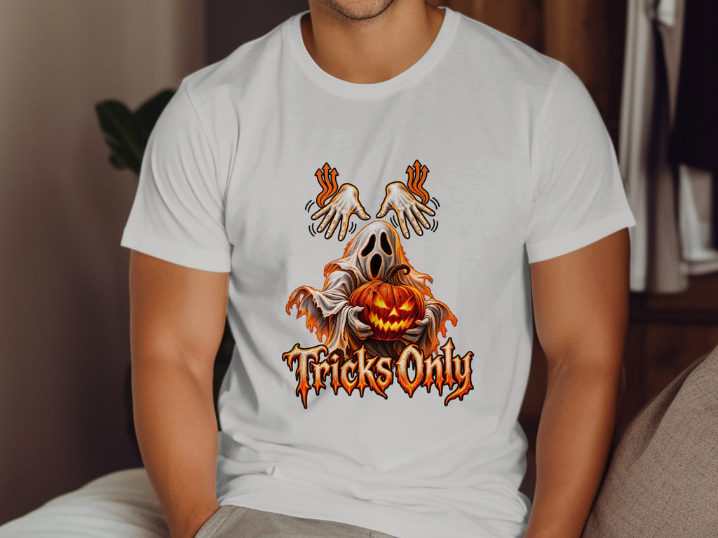 Ghost holding jack-o'-lantern with "Tricks Only" text in fiery font.