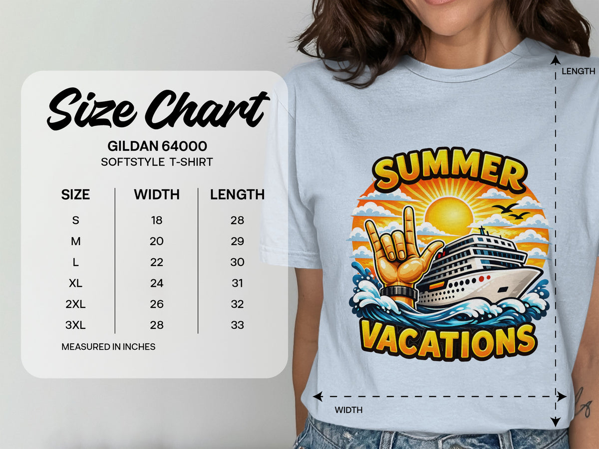 Gildan 64000 Softstyle t-shirt size chart with width and length measurements in inches.