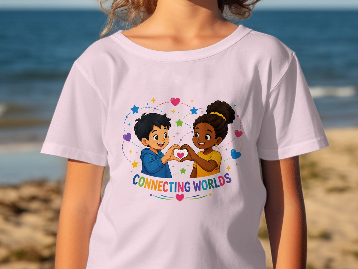 Children form heart shape with hands, "Connecting Worlds" text with colorful stars and hearts.