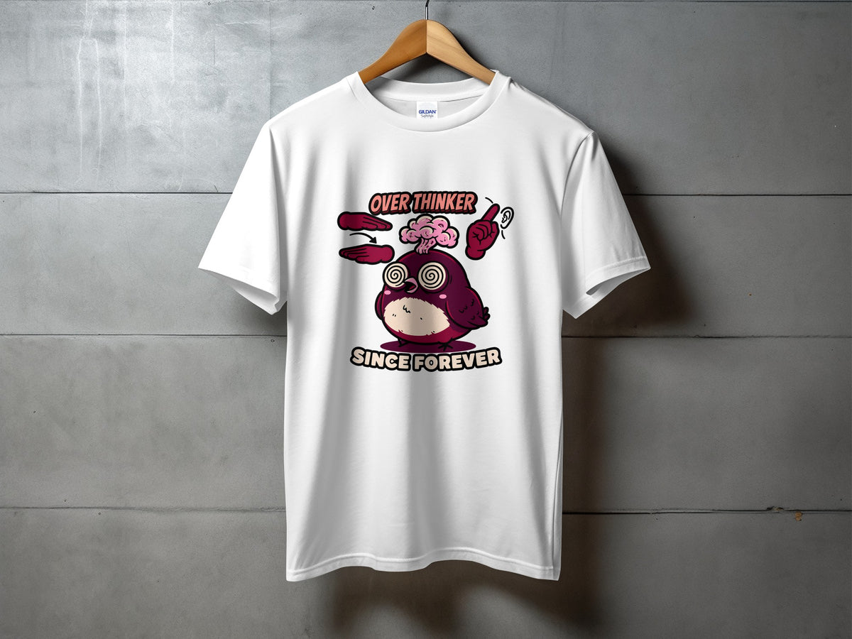 White t-shirt with cartoon owl graphic and text "OVER THINKER SINCE FOREVER".