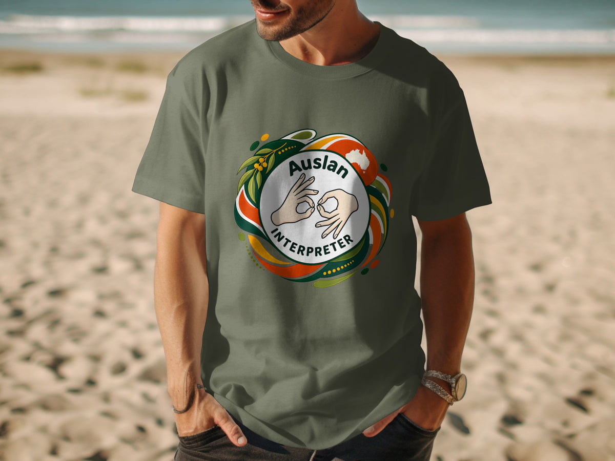 T-shirt with "Auslan Interpreter" and hands signing, set on a beach.