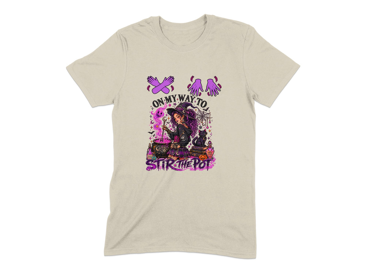 Witch stirring potion with black cat, text "On My Way To Stir The Pot".