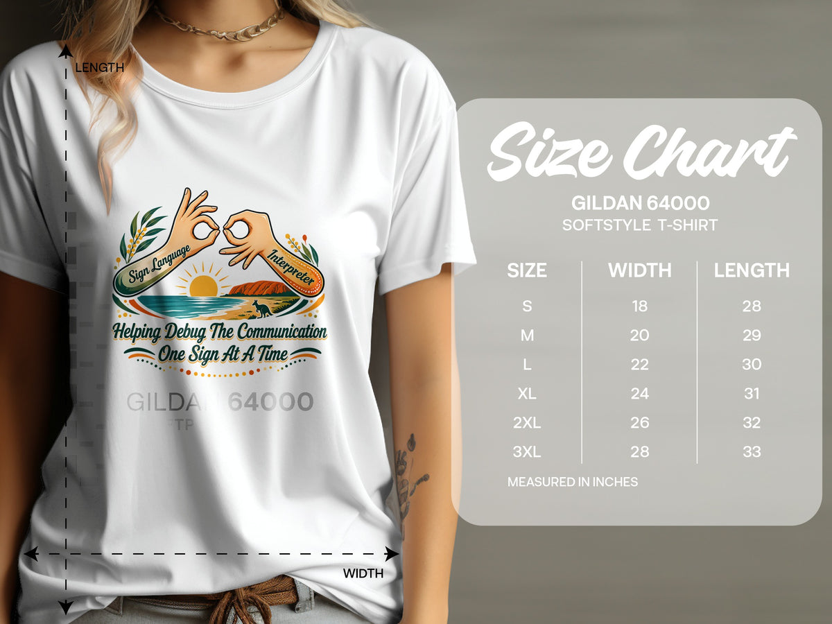 White t-shirt with "Helping Debug The Communication" graphic and Gildan 64000 size chart.