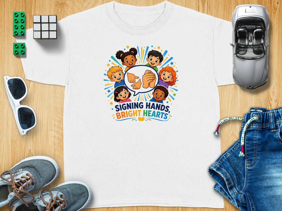 White t-shirt with diverse children surrounding "Signing Hands, Bright Hearts" text.