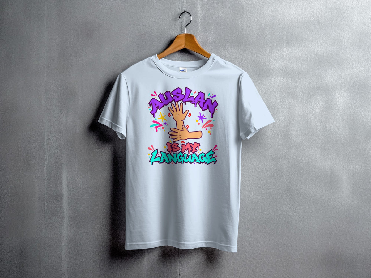 Light blue t-shirt with "AUSLAN IS MY LANGUAGE" and hands sign graphic.