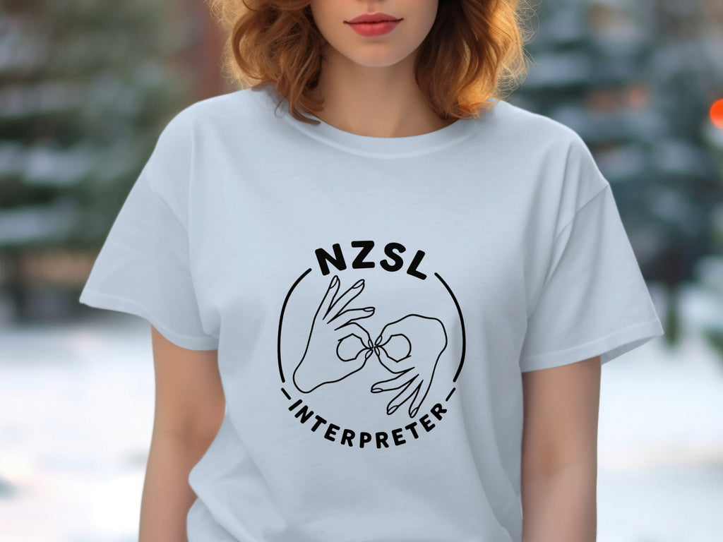 White t-shirt with black NZSL Interpreter text and hand sign graphic.
