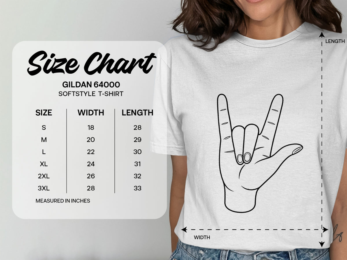 Gildan 64000 Softstyle t-shirt size chart with width and length in inches.